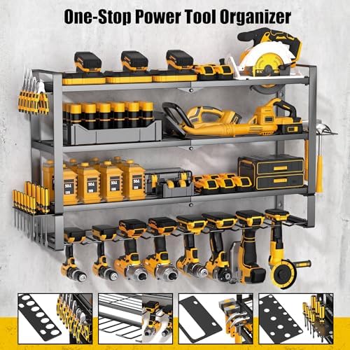 MOOMSINE Large Power Tool Organizer Wall Mount for Garage, 4-Tier Heavy Duty Metal Storage Rack Loads 400lbs, Battery Tools Hanger with 8 Cordless Drill Holders for Workshop, Pegboard, Shed - Image 6