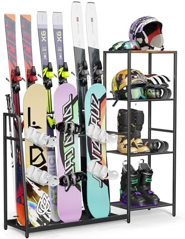 Freestanding Snowboard Rack - 4 Pair Ski, 3 Pack Snowboard, Boot, Pole, Goggles, Helmet Rack for Garage, Shed, Basement by Lurgno