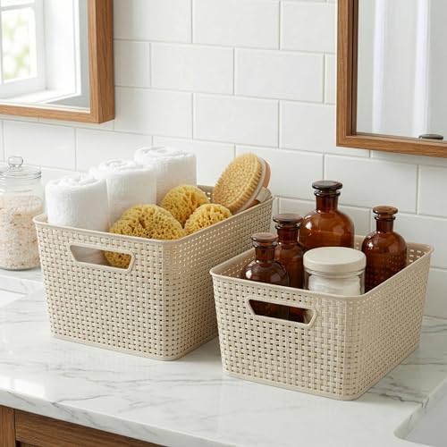 BINO | Plastic Storage Baskets, 33 Liter - 3 Pack, Natural | THE WOVEN COLLECTION | Storage Basket for Shelves | Woven Storage Baskets for Organizing Bins | Pantry Shelf Organizer | Container Bin - Image 4
