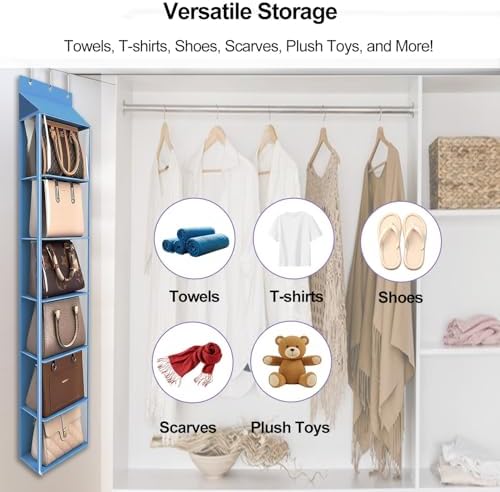 Lirex Over The Door Purse Organizer & Purse Shelf for Closet – Handbag Storage Organizer with Purse Hanger. Perfect for Scarves, Hats, and Leggings. L (15.7'' x 5.7'' x 68''), Blue - Image 5