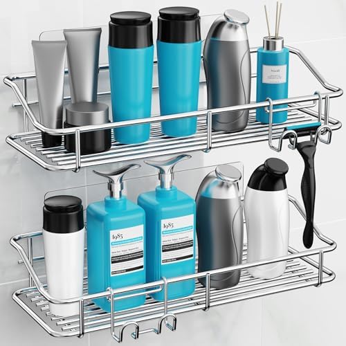 Nieifi Shower Caddy Shelf with Hooks Storage Rack Organizer Adhesive Stainless Steel without Drilling for Bathroom, Lavatory, Washroom, Restroom, Shower, Toilet, Kitchen (Sliver, 3 Pack) - Image 3