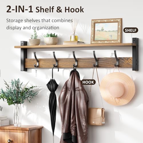 Optish Coat Rack Wall Mount with Shelf, 29 Inch Coat Hanger Walls Mounted, Hat Rack for Walls, Shelf with 5 Coat Hooks, Wall Hanger for Entryway (Brown) - Image 4