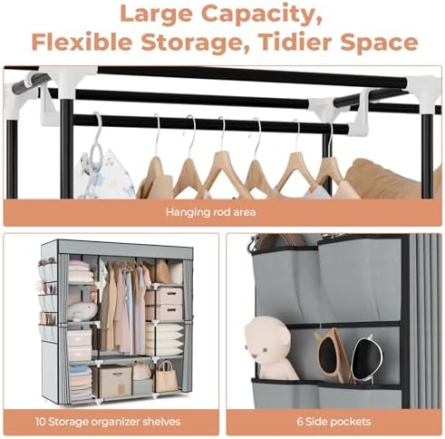 VTRIN Portable Closet Wardrobe for Hanging Clothes 57.3 Inch Large Capacity Clothes Rack with Cover, 10 Storage Organizer Shelves, 1 Hanging Rods and 6 Pockets, Free Standing Closet for Bedroom, Grey - Image 7