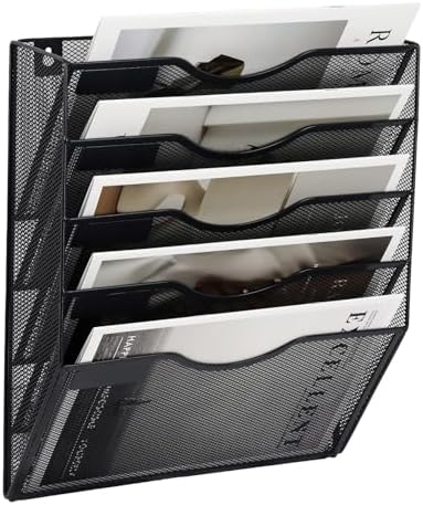 EASEPRES 5 Pocket Mesh Hanging Wall File Organizer, Wall Mounted Mail Paper Document Folder Holder, Clipboard Storage Organization Magazine Rack with Nametag Label for Office Home School, Black by EASEPRES