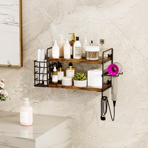 3-in-1 Wall Mounted Hair Dryer Holder with 2 Tier Shelves & Detachable Basket, Space Saving Organizer for Bathroom, Kitchen, Bedroom, Rust-Resistant, Easy Install (Rustic Brown) by Homeiju