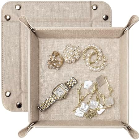 UnionBasic Small Valet Tray, Jewelry Tray for Rings Watches Earrings, Entryway Catchall Caddy for Coins Keys Change, Nightstand Bedside Valet Holder, Trays for Electronic Gadgets, Beige by UnionBasic