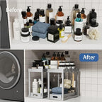 2PC Under Sink Organizer Rack 2 Tier Under Sliding Cabinet Basket Organizer Drawer with 4 Hooks, Multi-purpose Under Sink Storage for Bathroom Kitchen Desktop（Grey） - Image 3