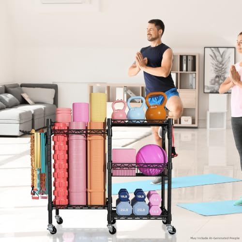 FUTASSI Home Gym Storage, 3 Tiers Workout Equipment Organizer with Wheels for Yoga Mats, Foam Roller, Dumbbells, Kettlebells, and Resistance Bands - Image 6