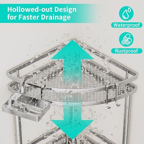 HapiRm Standing Corner Shower Caddy - 3 Tier Shower Organizer Corner with Soap Holder and 4 Hooks, Rustproof Bathroom Storage Shelves with Adhesives, Silver - Image 3