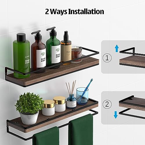 Meangood Floating Shelves Wall Mounted Set of 2, Rustic Wood Wall Storage Shelves for Bedroom,Living Room,Bathroom, Kitchen Brown - Image 6