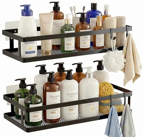 PUSDON 2-Pack Minimalist Shower Caddy Wall Mount, Open Frame Bathroom Shelf Organizer with Mesh Base, Rustproof Floating Spice Rack for Kitchen, Holds 50 LBS, 4 Hooks - Matte Black, Guardrail by PUSDON