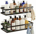 PUSDON 2-Pack Minimalist Shower Caddy Wall Mount, Open Frame Bathroom Shelf Organizer with Mesh Base, Rustproof Floating Spice Rack for Kitchen, Holds 50 LBS, 4 Hooks - Matte Black, Guardrail by PUSDON
