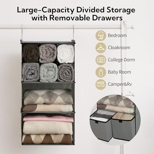GRANNY SAYS 4-Shelf Hanging Closet Organizer with Drawer, Foldable Storage | Dividers Closet Hanging Organizer, No-Sag Support, Keeps Clothes Neat, Folds Flat, Fits RV, Dorm & Small Closets, Grey - Image 5