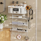 Magheo Hair Dryer Holder Wall Mounted, Adheisve Hair Styling Tool Organizer for hair Brush/Appliance Wall Mount with 5 Tier Shelf Basket Hooks Blow Dryer and Straightener Holder for Bathroom(White) by MAGHEO