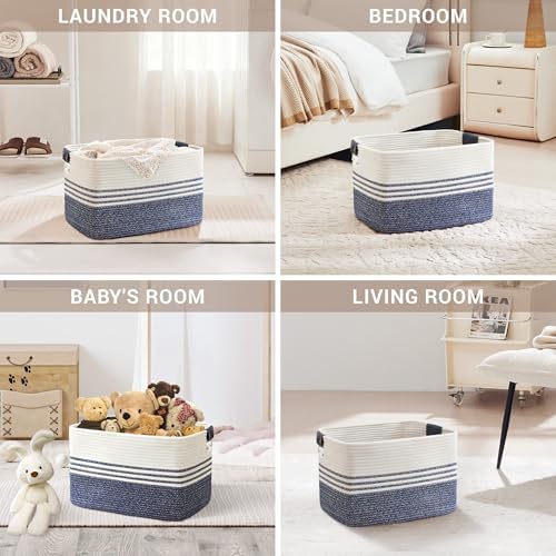 45L Woven Laundry Basket Hamper with Leather Handles,Denim Blue - Image 4