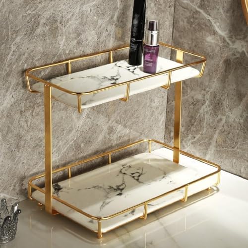 Bathroom Organizer Countertop Perfume Organizer Makeup Organizer Cosmetics Storage Display Rack Vanity Tray Dresser Stainless Steel Gold Shelf White Marble Ceramic Tray by Dobbyby