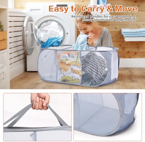 Durable Collapsible Foldable Pop Up Laundry Hamper, Sturdy 3 Compartments, Handy Pocket & Easy to Sort Clothes Hampers for Dorm, Kids Room, Travel - Grey - Image 5