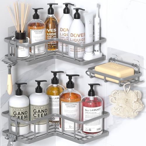 YASONIC Corner Shower Caddy Adhesive, 100% Rustproof Shower Organizer with Soap Holder, No Drill Shower Shelf for Inside Shower, Wall-Mounted Shower Storage for Homes (3 Pack, Grey) by YASONIC