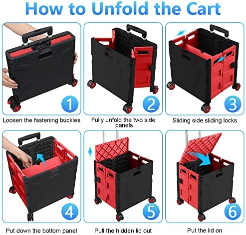 Foldable Shopping Utility Cart Portable Rolling Crate Handcart with 360°Rotate Wheel,Hidden Lid,Telescoping Handle Collapsible for Travel Shopping Moving Storage Office Use(Black/Red) - Image 5