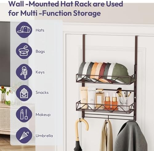 SWTYMIKI Over Door Hat Organizer - 3 Tier Wall Mounted Hat Rack with 2 Adjustable Metal Basket and 3 Hooks, Hanging Baseball Cap Organizer Storage Holds up to 29 Caps for Door, Bedroom, Closet - Image 2