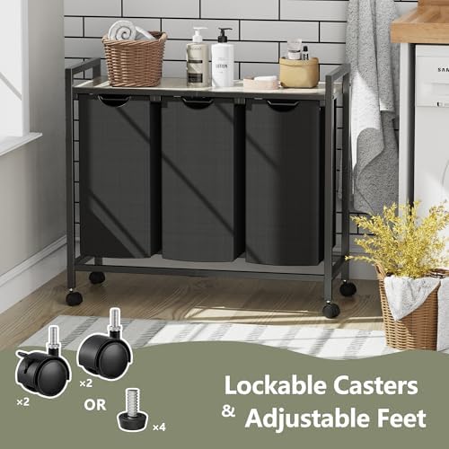 Laundry Hamper, Laundry Basket, Laundry Sorter with 2 Pull-Out and Removable Bags, Shelf, Laundry Room Storage with Table, for Bathroom, Bedroom, 3 x 10.5 Gal (40L), Greige - Image 3