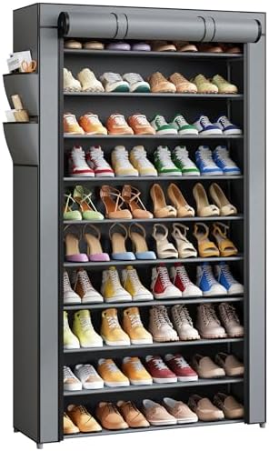 Kitsure 10-Tier Shoe Rack with Cover, Tall Shoe Shelf, 33" Wide, Grey | Large Capacity Shoe Storage with Side Pocket, Shoe Organizer for Closet, Entryway, Bedroom, Zapateras Organizer by Kitsure