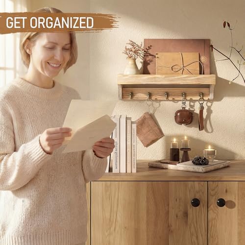 Rebee Vision Key Holder Wall Mount with Shelf for Room Decor, Natural Wood - Image 5