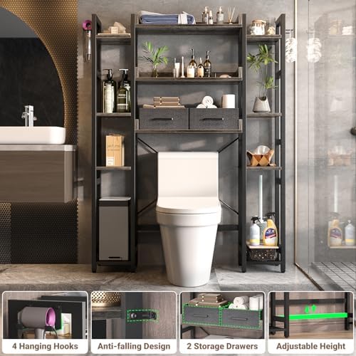 Besiost Over The Toilet Storage, 11 Tier Bathroom Organizer with Dual Side Racks and 2 Fabric Drawers, Adjustable Freestanding Rack Space Saver for Small Spaces, Grey Oak - Image 4