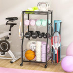 Home Gym Storage Rack, Dumbbell Rack with Yoga Mat Storage, Weight Rack Stand with Lockable Wheels and Hooks, Home Workout Equipment Organizer for Yoga, Dumbbell, Kettlebells, Ball Storage by ThreeHio