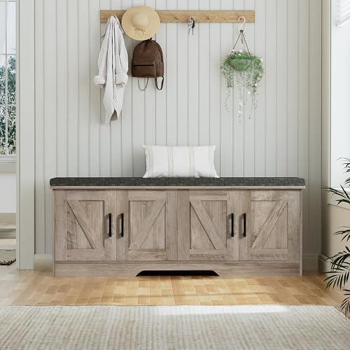 HOMSHO Farmhouse Shoe Storage Bench with 4 Barn Doors & Padded Seat Cushion - Image 5