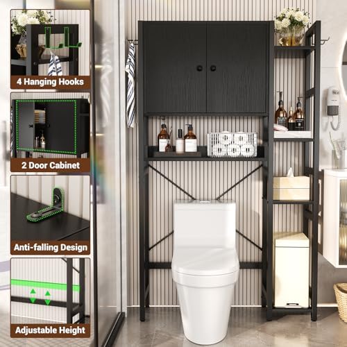 Over The Toilet Storage Cabinet with Doors - 7 Tier Bathroom Organizer with Adjustable Shelf, Freestanding Space Saver Rack Above Toilet Stand with 4 Hooks for Bathroom, Restroom, Laundry, Black - Image 4