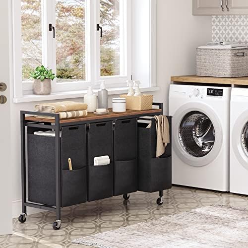 HOOBRO Laundry Sorter 4 Sections, Laundry Hamper with Wheels, 4 × 10.5 Gal (40 L), Rolling Laundry Basket, Pull-Out and Removable Oxford Fabric Bags, Rustic Brown and Black BF04XY01 - Image 2