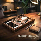 Wooden Valet Tray with Leather Base - Nightstand Catchall Organizer for Cologne, Perfume, Keys, Wallet, Phone, Watch, Jewelry & Sunglasses (Bohemian) - Image 3