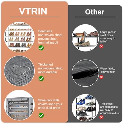 VTRIN Tall Shoe Rack with Cover, 10 Tier Shoe Organizer Storage for 50-55 Pairs Shoes and Boots Large Capacity Shoe Shelf with 8 Pockets Free Standing Shoe Rack for Closet, Entryway, Garage, Printing - Image 7