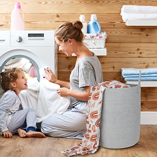 XUANGUO Cotton Rope Laundry Basket Hamper for Clothes Large Light Grey - Image 4