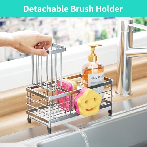 HapiRm Sponge Holder for Kitchen Sink - Self-draining Sink Caddy with Smiley Face and Brush Holder, Stainless Steel Kitchen Organizer for Countertop - Silver - Image 4