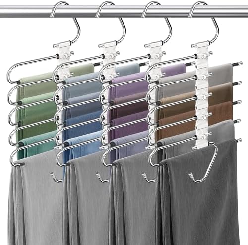 5 Layers Pants Hangers Space Saving Non-Slip Closet Organizer 4 Pack | Metal Space Saving Hangers Multi-Layer Multifunctional Rack Closet Organizers Storage for Skirts Jeans Trousers(Pure White) by Besslly