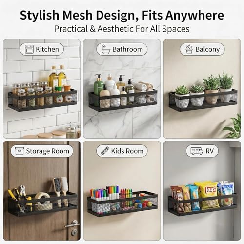 PUSDON 5-in-1 16.5" Extra Long Slim Wall Mount Wrapped Mesh Kitchen Organizer & Shower Caddy Kit, with Paper Towel Holder, Utensil Holder, Soap Dish, Holds 50LBS - Matte Black, Netting - Image 7