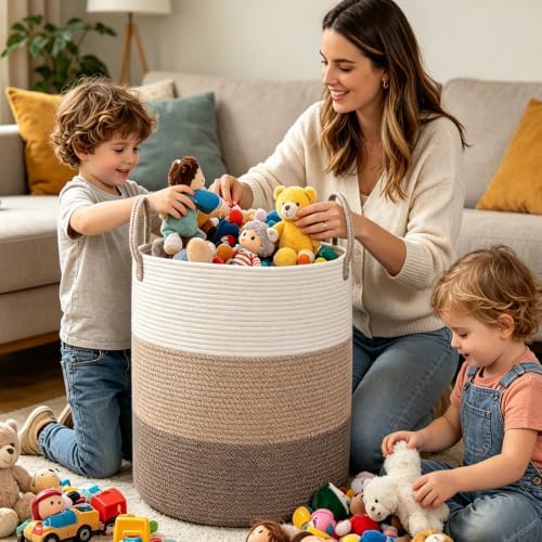 70L Woven Laundry Basket,Large Clothes Hamper with Handles- Brown - Image 4