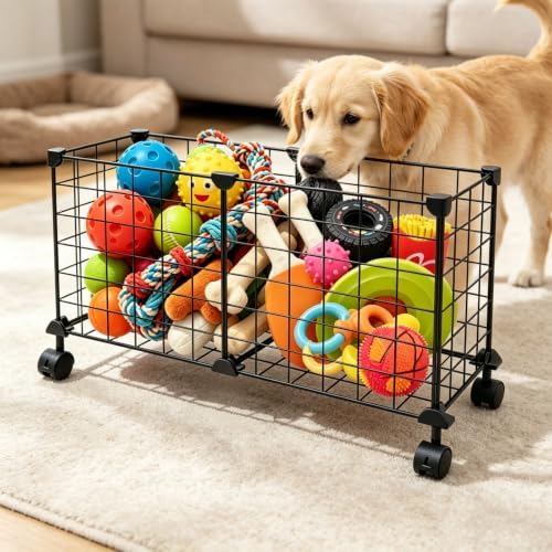 Metal Storage Basket with Wheels, Rolling Utility Cart for Dog Toys, Blankets & Sports Equipment, Mobile Tote Bin for Home, Garage, Storage Solution for Entryway, Laundry Room & Outdoor Patio - Image 3