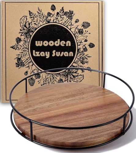 9" Acacia Wood Lazy Susan Turntable, Tomoaza Kitchen Organizer Turntable with Steel Sides, 360 Degree Lazy Susan for Countertop Cabinet or Dining Table by TOMOAZA