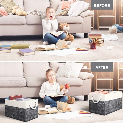 Fab totes Storage Bins 3-Pack, Foldable Storage Baskets for Organizing Toys, Books, Shelves, Closet, Large Storage Box with Rope Handles, Sturdy Organizer Bins, White & Black - Image 5