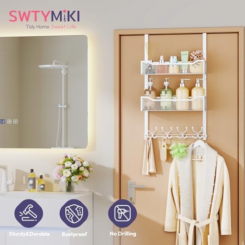 SWTYMIKI Over The Door Hook with 16 Hooks & 2 Mesh Baskets - Heavy Duty Over The Door Organizer Hanger for Towels, Coats, Clothes - Space Saving Hanging Rack for Bathroom, Living Room, White - Image 2