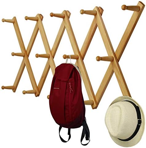 WEBI Accordion Wall Hanger,Expandable Wooden Hat Rack for Wall Mounted Coat Rack,Accordion Hat Hooks Holder for Baseball Caps,14 Peg Hooks,Natural by WEBI
