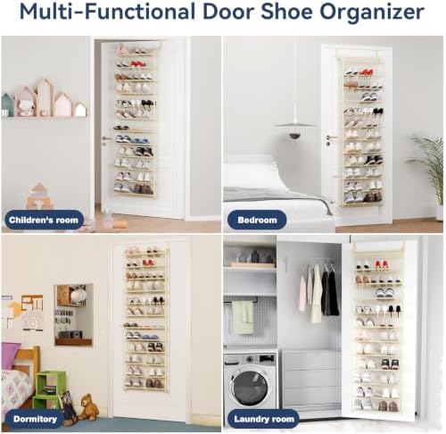 Whitmor 36 Pair Over the Door Shoe Rack,12 Tier Hanging Shoe Organizer with Metal Frame & Mesh Shelves, Heavy Duty Shoe Storage Holder for Door, No Drill Installation, 74" H x 21.7" W x 7.5" D, Beige - Image 7