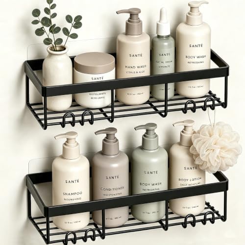 Moforoco Shower Caddy Shelf Organizer Rack, Self Adhesive Black Bathroom Shelves Basket, Home Farmhouse Wall Inside Organization and Storage Decor Rv Accessories, First Camper Apartment Essentials by MOFOROCO