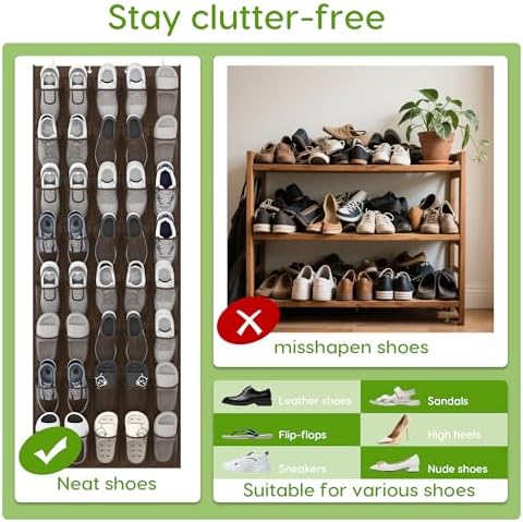 Over the Door Shoe Organizer with 40 Large Breathable Mesh Pockets, Space Saving Shoe Holder, Hanging Shoe Rack for Entryway Bedroom Closet Storage (Brown, 40 Pockets) - Image 6