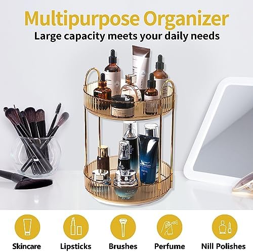 Asayuee 360 Rotating Gold Makeup Organizer,2 Tier Large Capacity Rotating Makeup Organizer,SkincarePerfume Organizer,Bathroom Cosmetics Storage Organizer Countertop (Gold-2 Tier) - Image 6