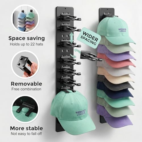 2 Pack Hat Organizer for Baseball Caps,Detachable DIY Hat Rack for Wall Hold Up to 22 Hats,Baseball Cap Organizer Cap Holder Hat Hangers for Wall Closet Door Bedroom (1A-Black) - Image 4