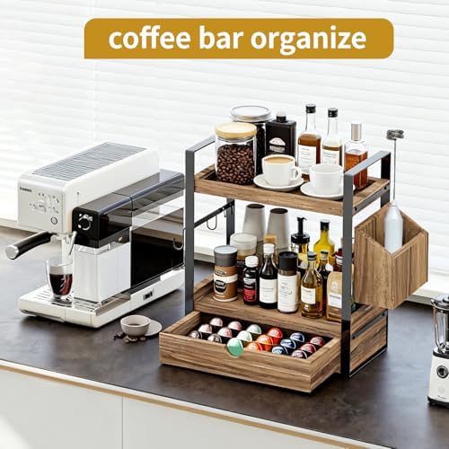 2-Tired Bathroom Counter Organizers and Storage, Bathroom Countertop Organizer with Drawer, Solid Wood Skincare Perfume Organizer for Vanity Kitchen Corner Shelf Office Countertop (Drak Brown) - Image 6